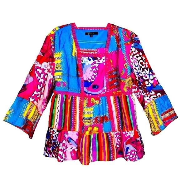 Calessa Patchwork Boho Pink Blue Multi Patch Blouse Women's Size Small NWT - Picture 1 of 6